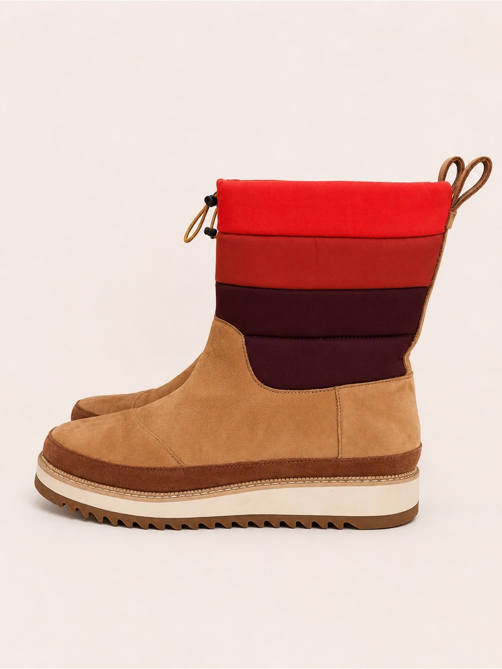 TOMS McKenna Slip On Winter Tan Suede & Red Color-block Insulated Puffer Boot